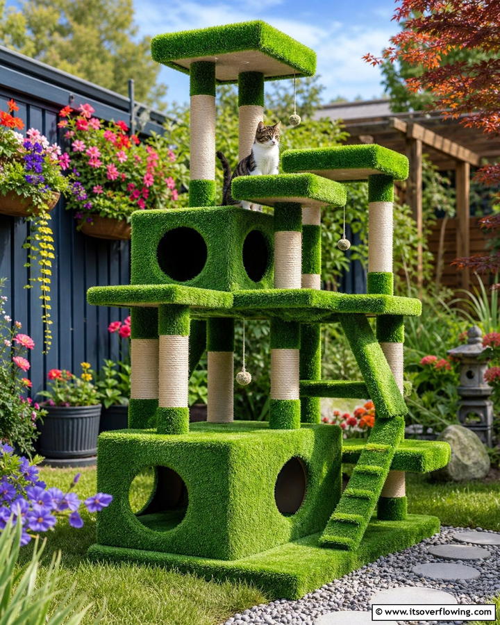 Cat Tree with Grass Turf Platforms - 20 Outdoor Cat Tree Ideas for Your Feline Friends