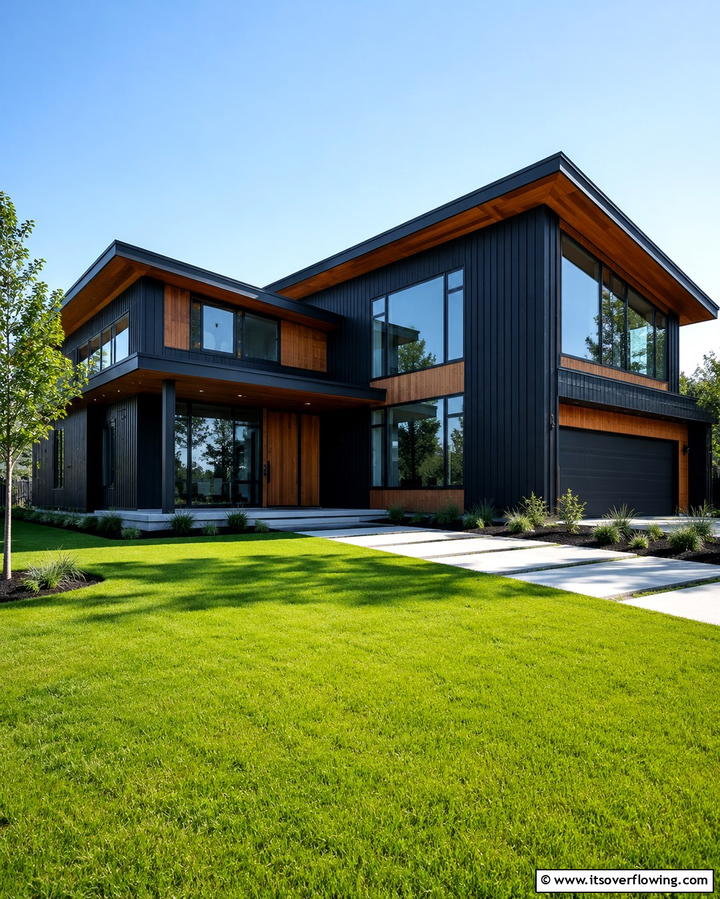 Cedar Accent Walls for Textured Sophistication - 30 Modern Black Houses with Cedar Accents for Striker Exteriors