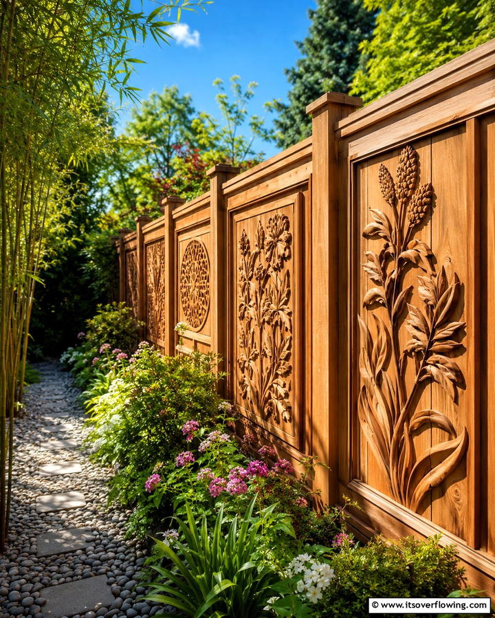 Cedar Fence with Custom Carvings - 30 Durable Cedar Fence Ideas to Enhance Privacy and Style
