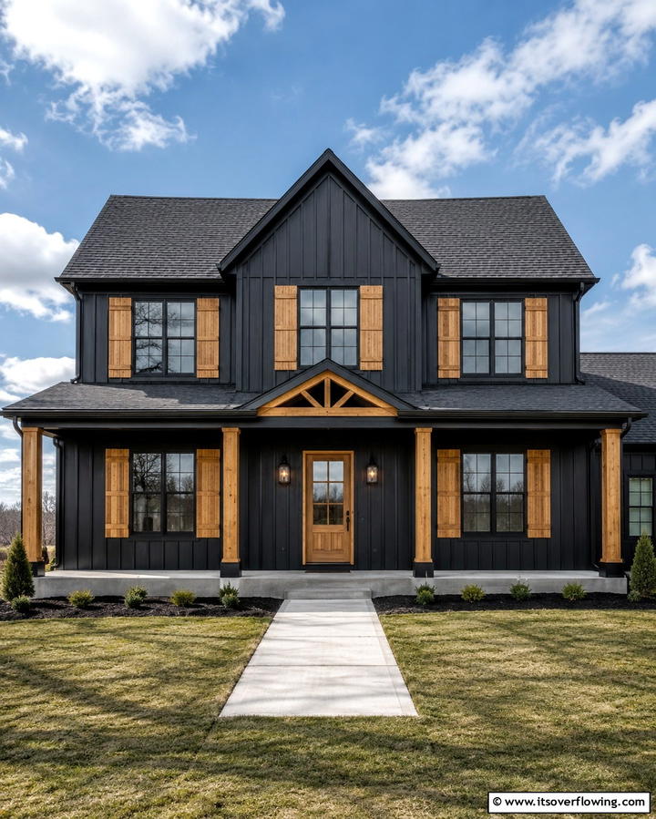 Cedar Window Shutters for Rustic Contrast - 30 Modern Black Houses with Cedar Accents for Striker Exteriors