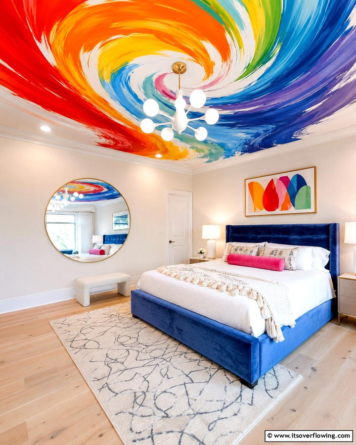 Ceiling Art with Rainbow Accents - 25 Rainbow Bedroom Ideas to Brighten Up Your Space