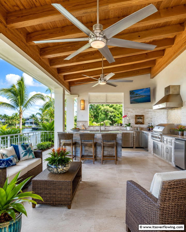 Ceiling Fans for Comfort - 20 Stylish Lanai Kitchen Ideas for Indoor-Outdoor Living