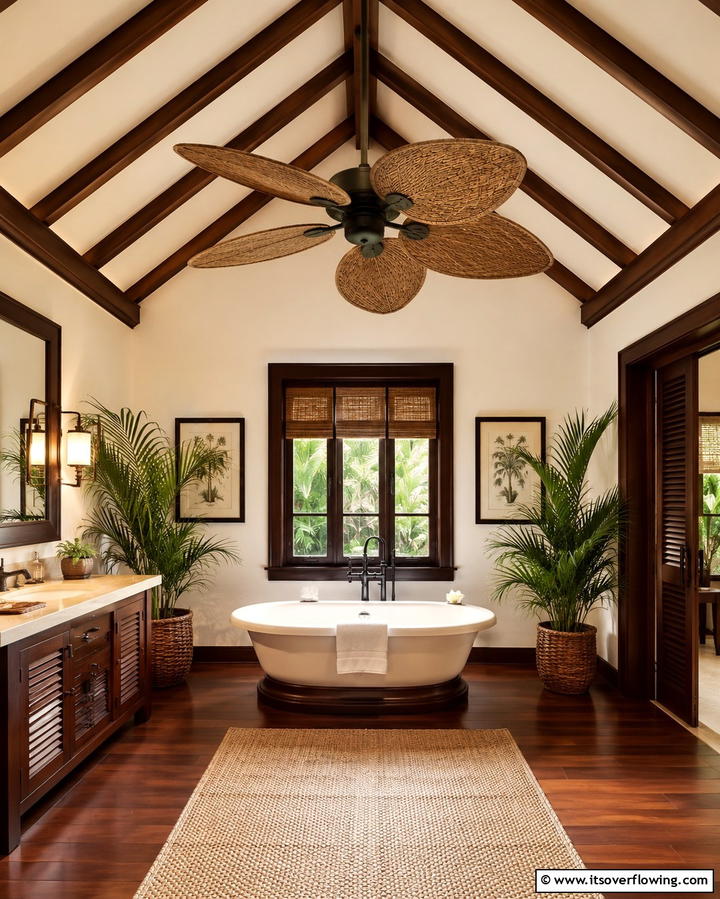 Ceiling Fans with Tropical Blades - 25 Tropical Bathroom Ideas for a Spa-like Retreat