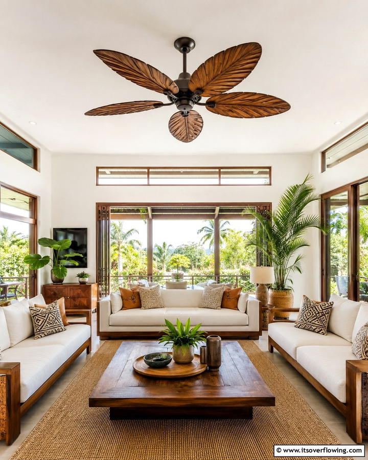 Ceiling Fans with Tropical Flair - 25 Tropical Living Room Ideas for a Vibrant Space