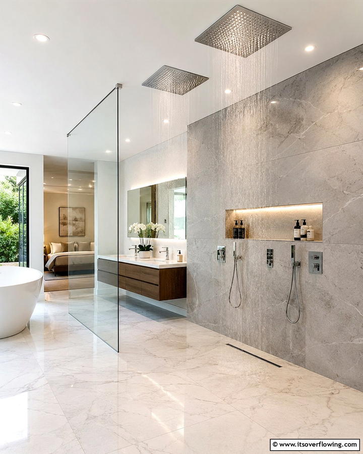 Ceiling Mounted Double Showerheads - 25 Double Shower Ideas for a Luxurious Bathroom