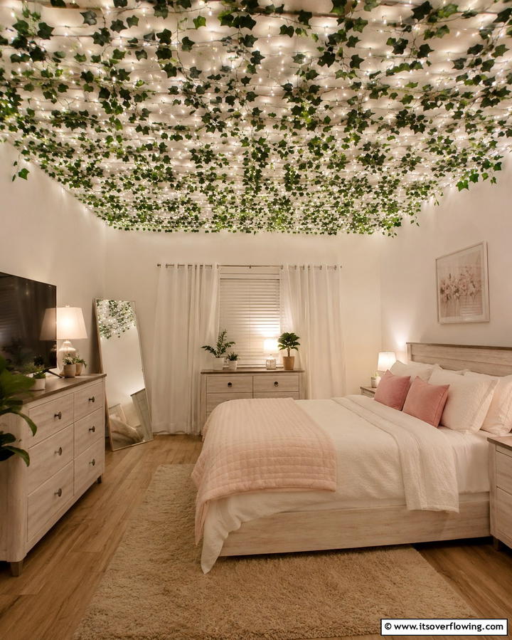 Ceiling Vines with Fairy Lights - 25 Green Ceiling Ideas for a Unique and Bold Statement