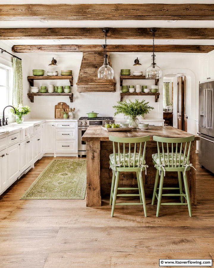 Celery Green Accents with Rustic Wood - 25 Warm Green and Brown Kitchen Design Ideas