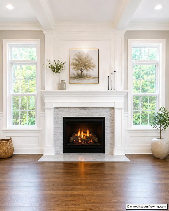 Centered Fireplace with Symmetrical Windows - 25 Fireplace Between Windows Ideas for Cozy Homes