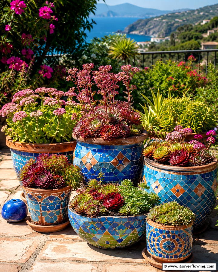 Ceramic Pot Display with Mosaic Accents - 30 Outdoor Succulent Container Ideas for Easy Gardening