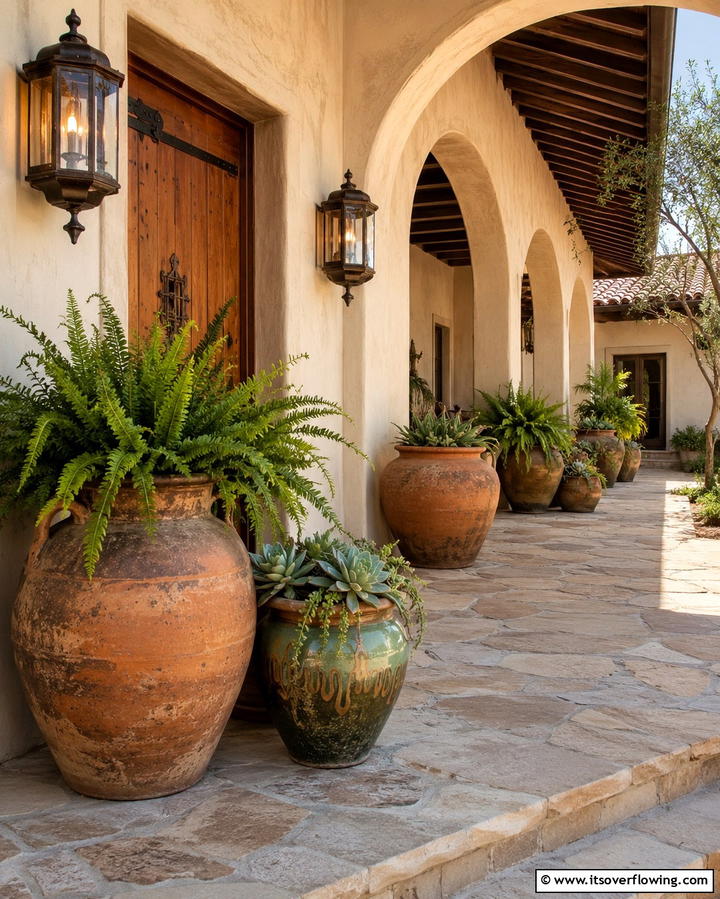 Ceramic Pots for Rustic Decoration - 30 Mediterranean House Exterior Ideas for Coastal Charm