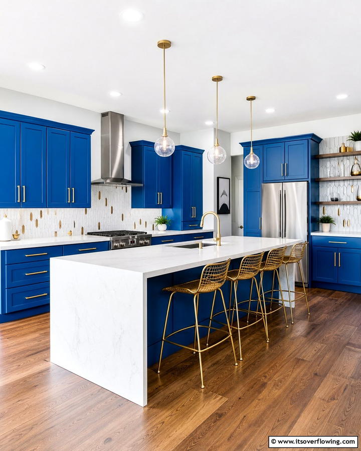 Cerulean Blue Cabinets with Brushed Gold Pulls - 25 Blue Kitchen Cabinets With Gold Hardware for a Luxe Look
