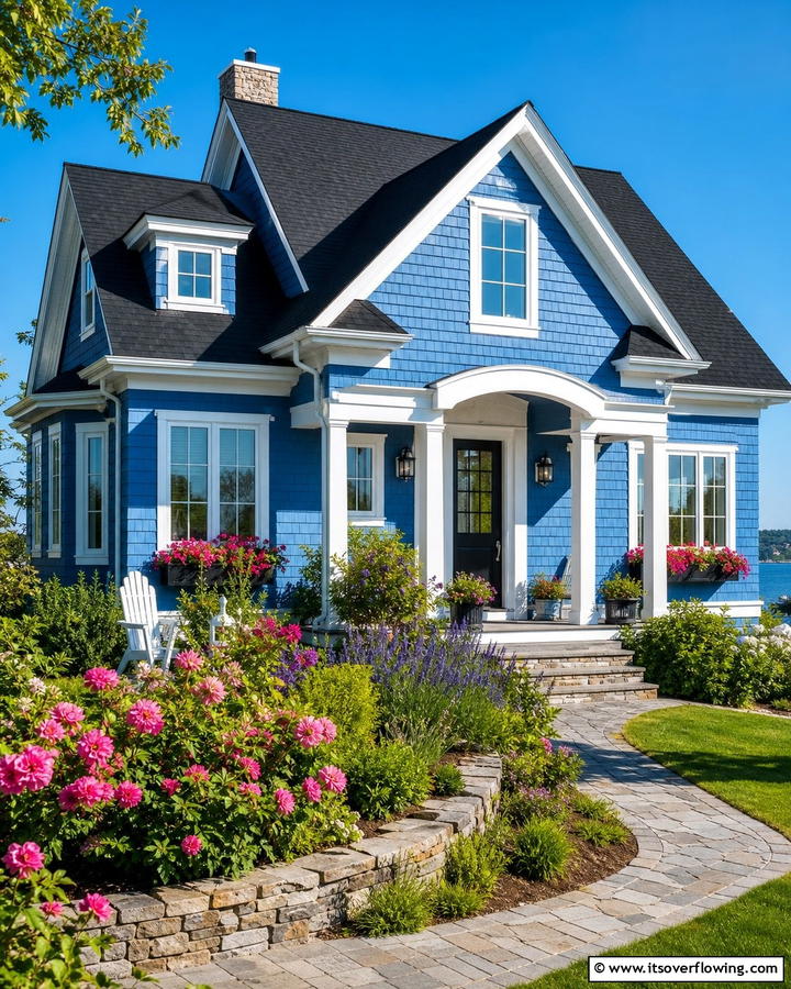 Cerulean Blue with Black Roof and White Trim - 25 Blue House With Black Trim Ideas for a Striking Exterior