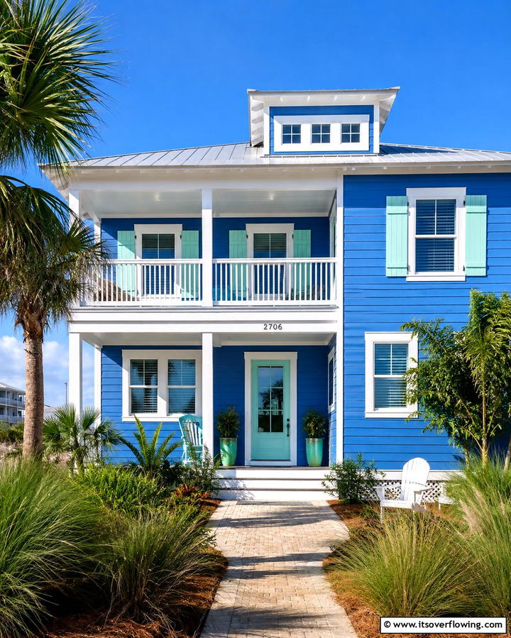 Cerulean Blue with White and Aqua Accents - 30 Serene Blue Exterior House Paint Ideas for Curb Appeal