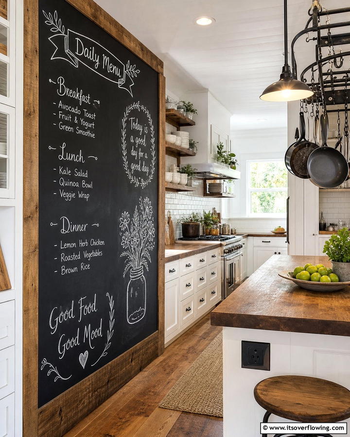 Chalkboard Wall for Daily Menus - 21 Farmhouse Wall Decor Ideas for Rustic Charm and Warmth