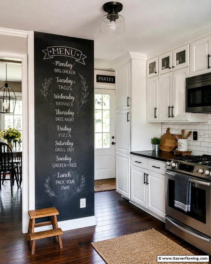 Chalkboard Wall or Panel - 30 Charming White Farmhouse Kitchen Inspirations