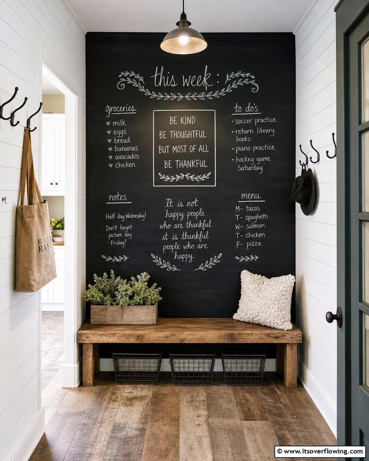 Chalkboard Walls for Family Notes - 20 Farmhouse Mudroom Ideas for a Rustic Entryway