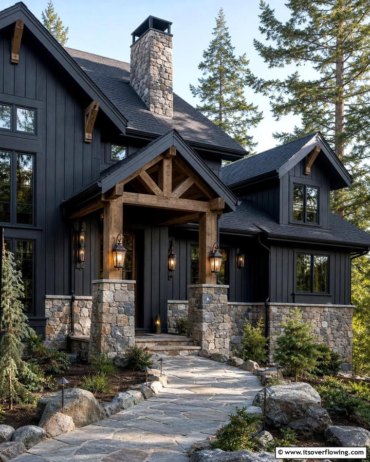 Charcoal Black Siding with Stone Accents - 25 Black Siding House Ideas for a Bold and Modern Look