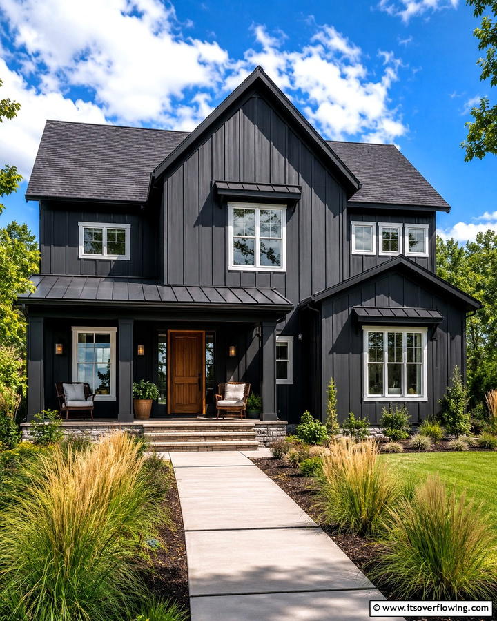 Charcoal Board and Batten Siding - 25 Black Modern Farmhouse Exterior Design Ideas