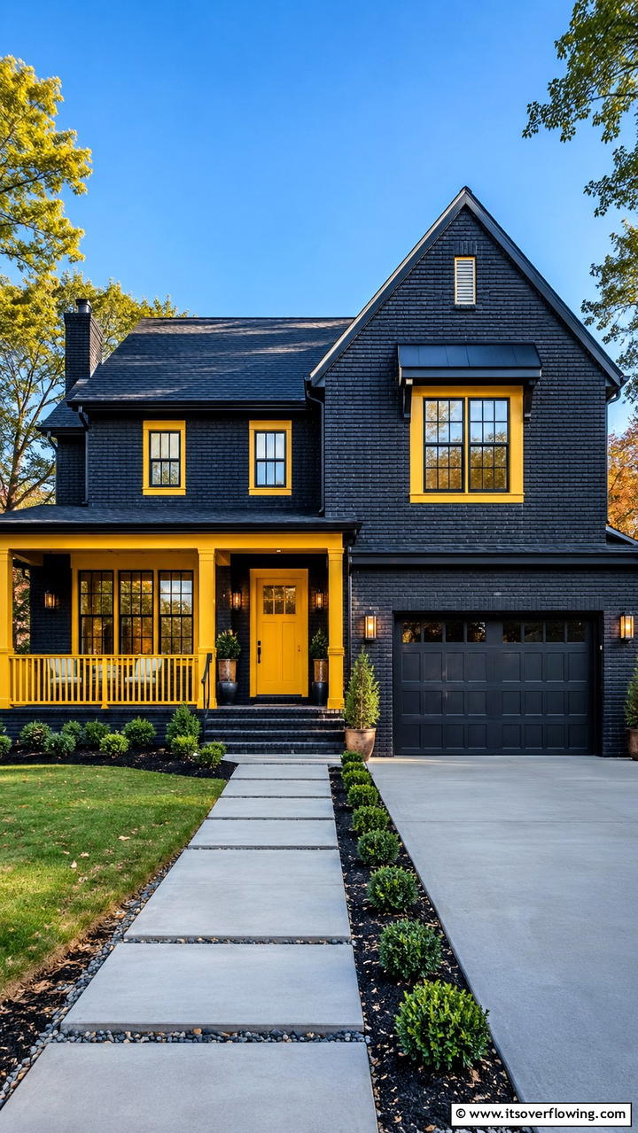 Charcoal Brick with Vibrant Yellow Trims - 30 Exterior Brick and Paint Color Combinations