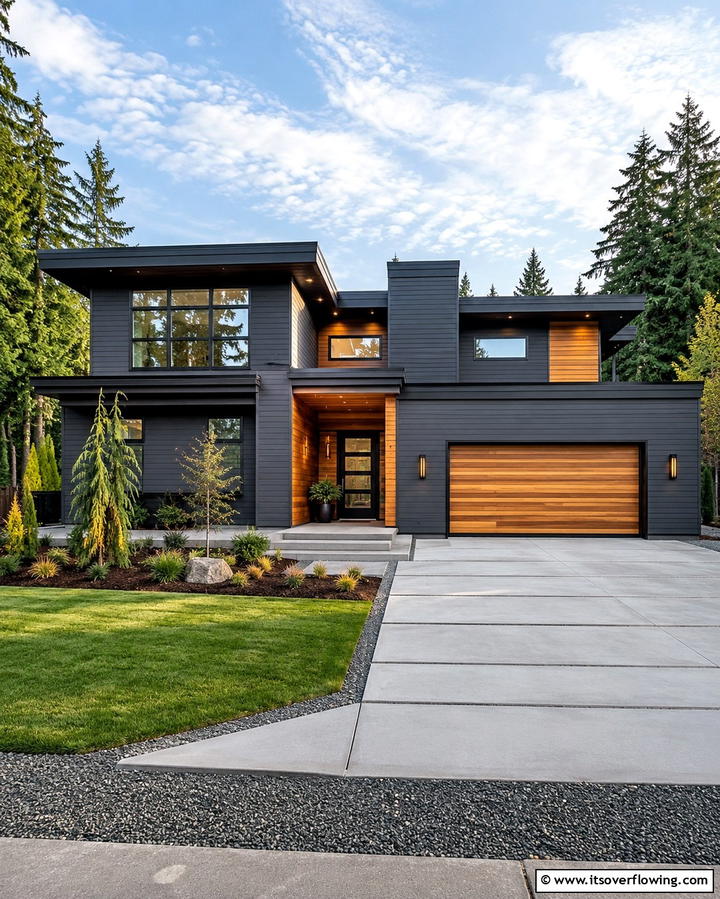 Charcoal Gray Elegance - 25 Paint Colors for a Modern Black House With Cedar Accents