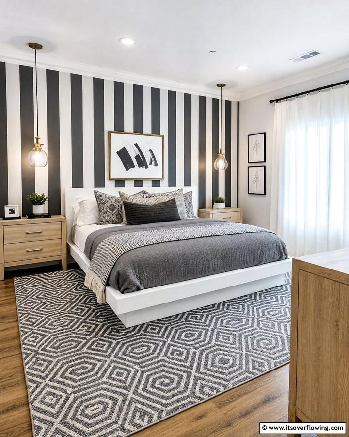 Charcoal Striped Walls - 20 Charcoal Bedroom Ideas for a Sleek and Modern Look
