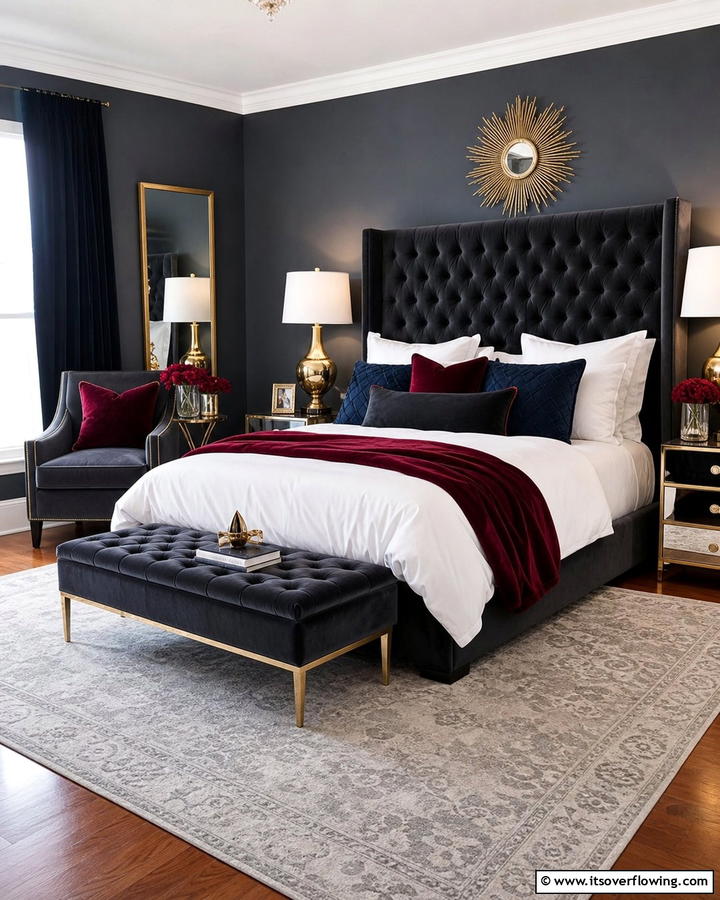 Charcoal Velvet Upholstery - 20 Charcoal Bedroom Ideas for a Sleek and Modern Look