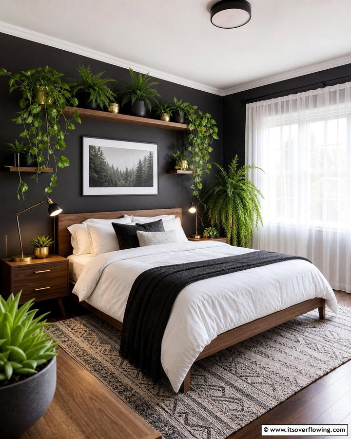 Charcoal and Greenery - 20 Charcoal Bedroom Ideas for a Sleek and Modern Look