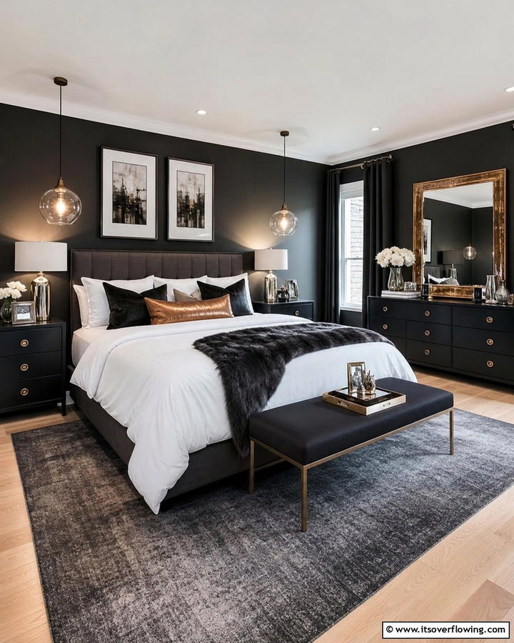Charcoal and Metallic Accents - 20 Charcoal Bedroom Ideas for a Sleek and Modern Look