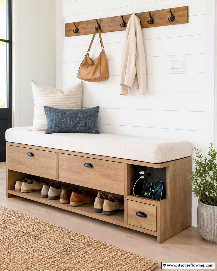 Charging Station in a Storage Bench - 25 Smart Charging Station Ideas for a Tidy Home