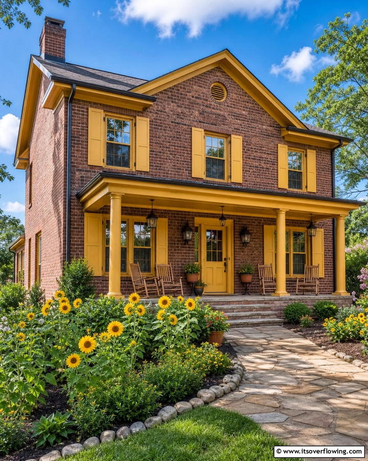 Charming Brick Brown with Warm Mustard Paint - 30 Exterior Brick and Paint Color Combinations