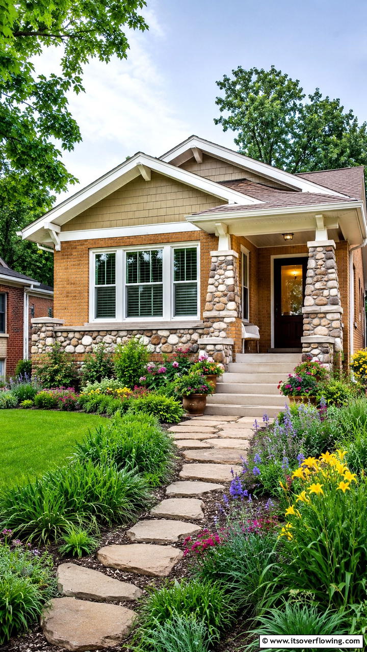 Charming Brick Bungalow with Subtle Stone Elements - 30 Brick Houses With Stone Accents- Exterior Design Inspiration