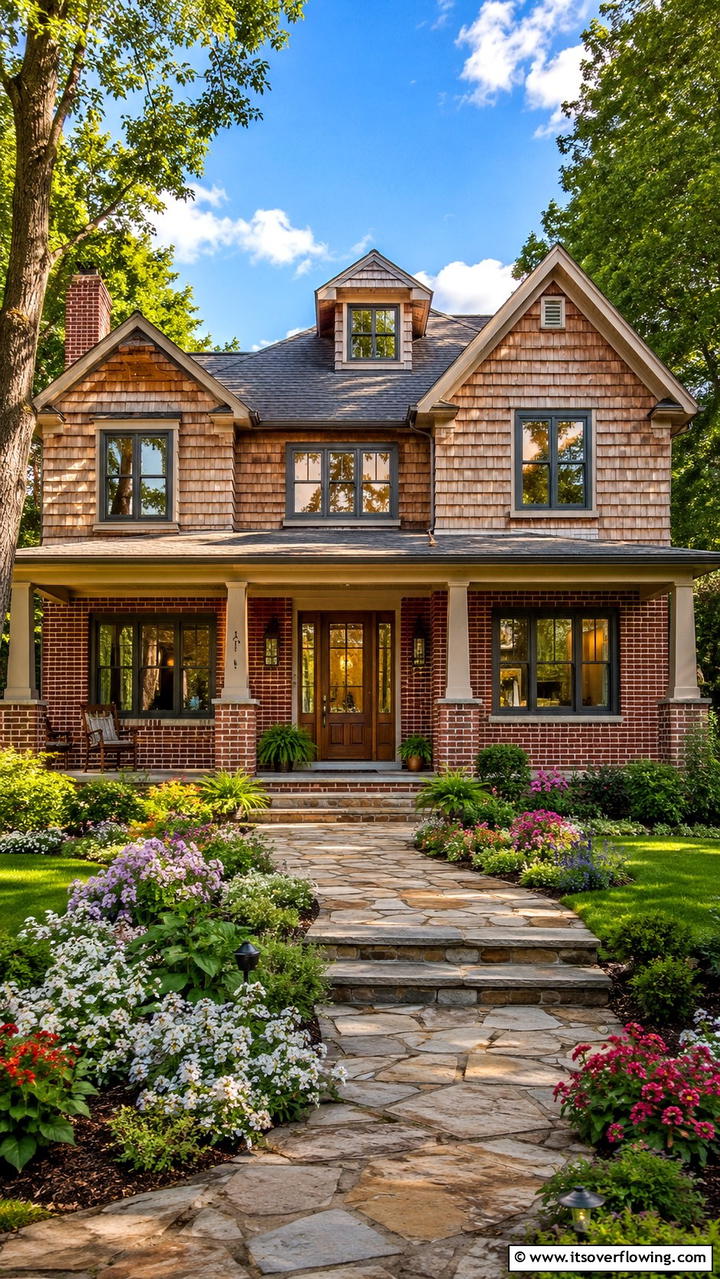Charming Brick and Shingle Mix - 30 Brown Brick Exterior Home Ideas for Timeless Curb Appeal