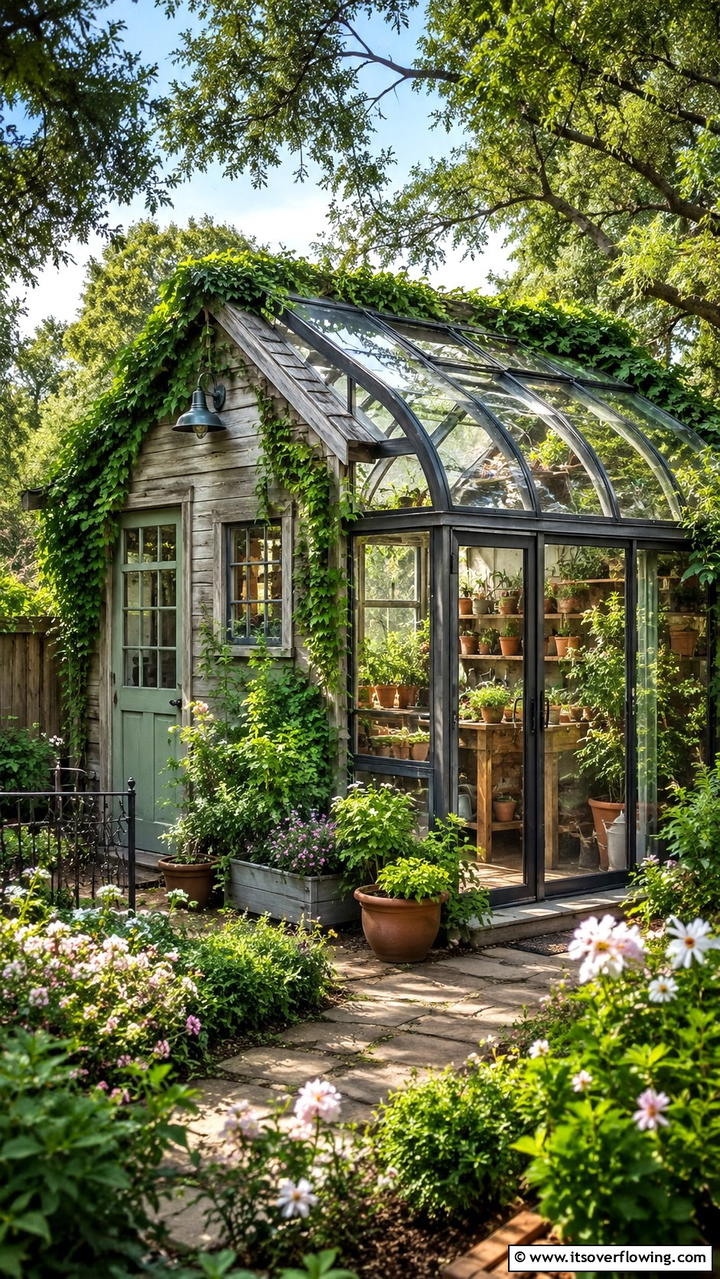 Charming Garden Hideaway - 30 Greenhouse and Shed Combo Ideas- Space-Saving Designs
