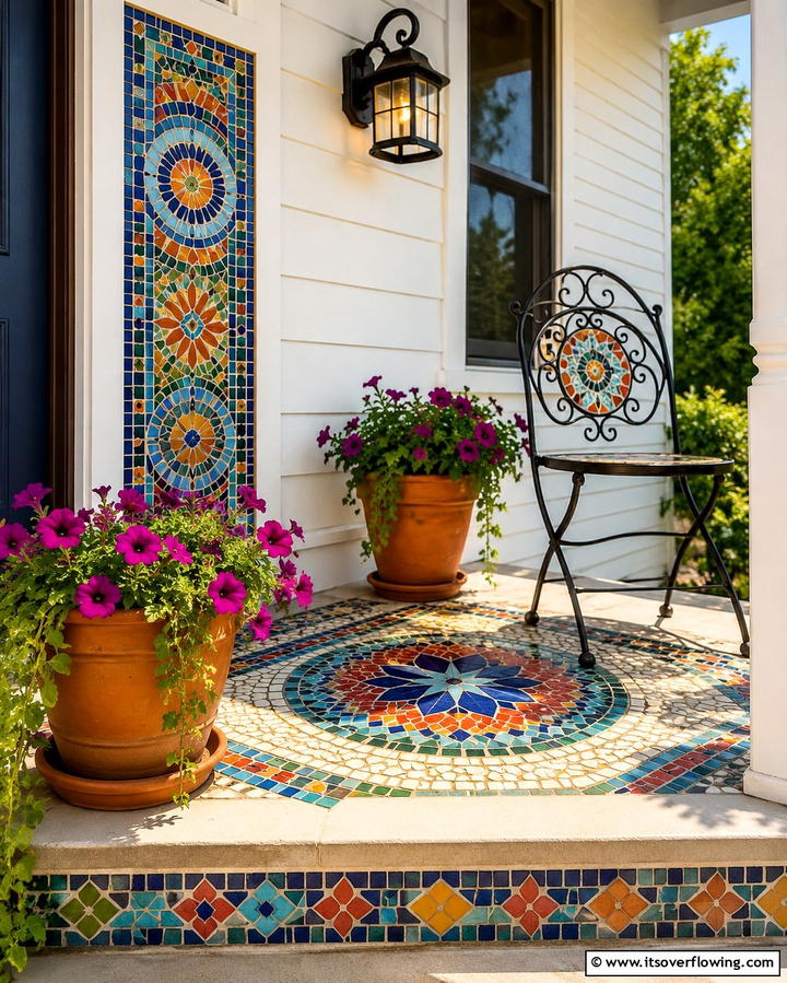 Charming Mosaic Accents - 30 Small Front Porch Ideas to Boost Curb Appeal