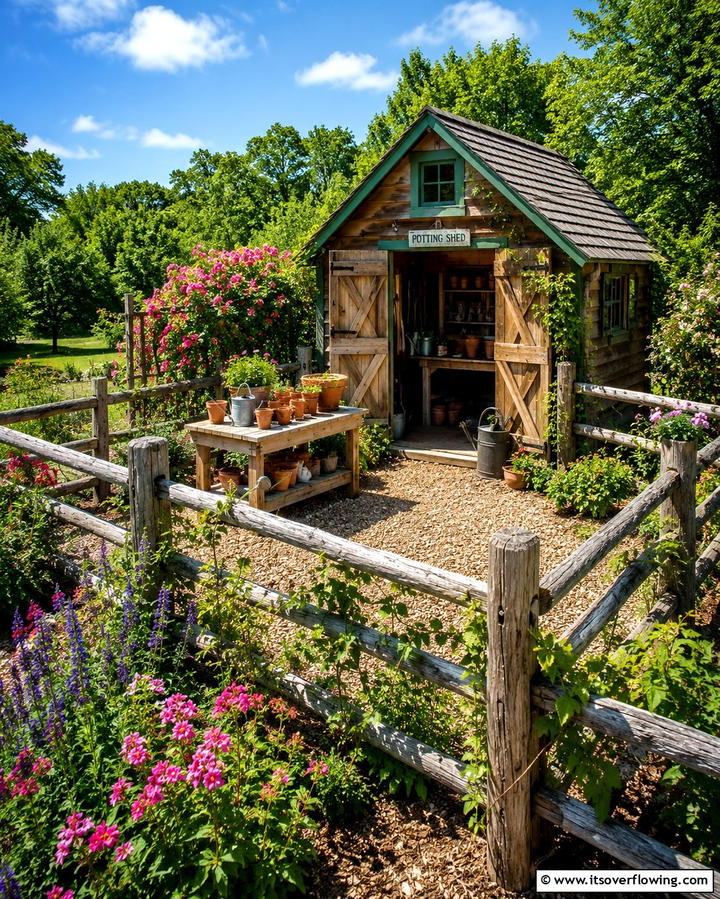 Charming Potting Shed Enclosure - 30 Split Rail Fence Ideas for Rustic Outdoor Boundaries