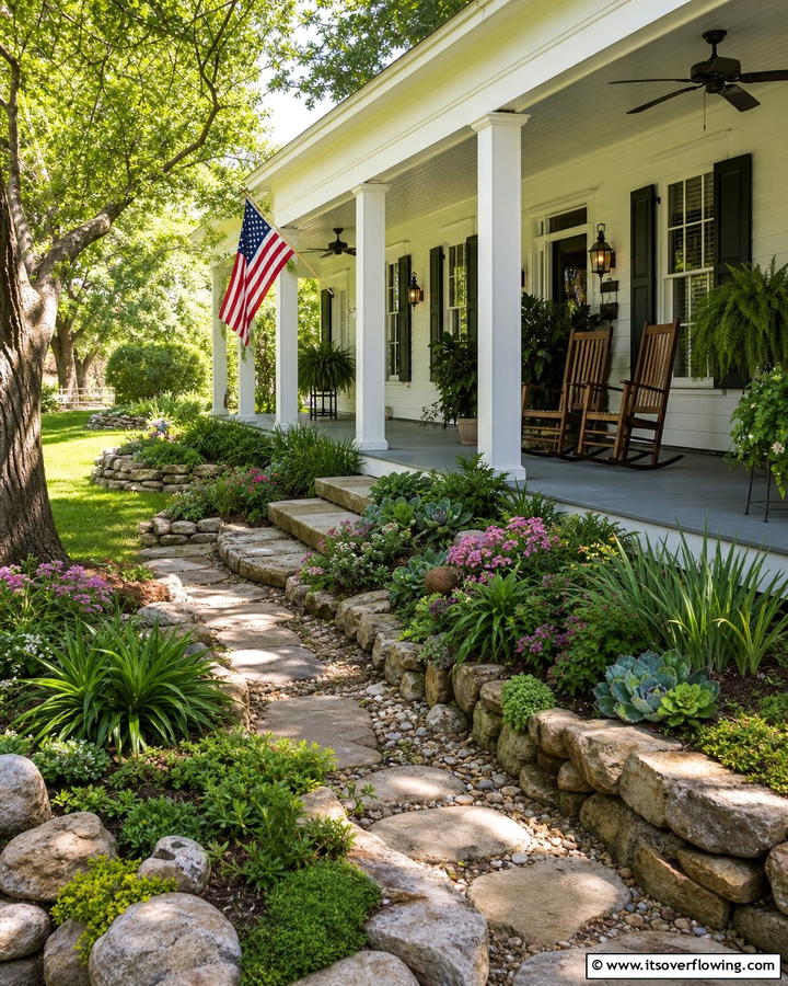 Charming Rock Garden Details - 30 Southern Front Porch Ideas for Welcoming Outdoor Spaces