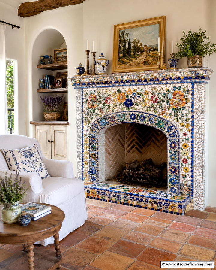 Charming Tile Mosaic - 30 French Country Fireplace Ideas- Rustic Charm