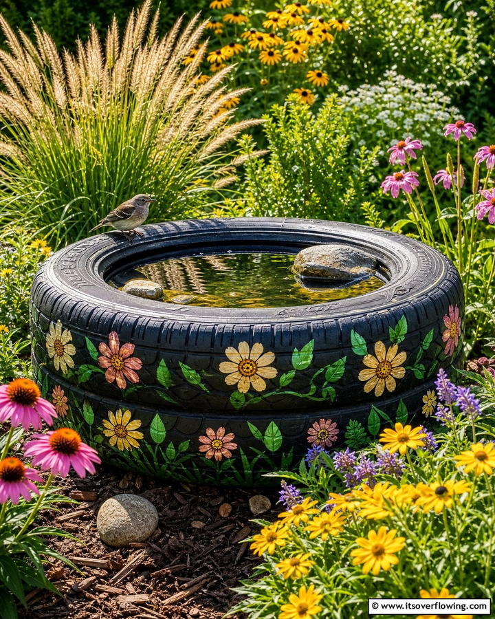 Charming Tyre Bird Baths - 21 Recycled Tyre Garden Art Ideas for Eco-Conscious Spaces