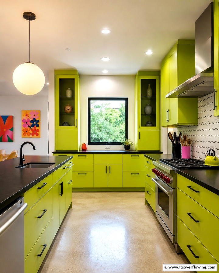 Chartreuse Cabinets with Black Laminate Counters - 30 Green Kitchen Cabinets & Black Countertops Pairing Ideas