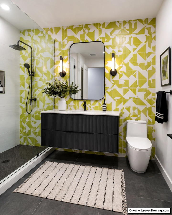 Chartreuse Green Geometric Tiles - 30 Green Bathroom Tile Design Ideas for a Refreshing Oasis