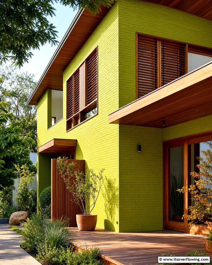 Chartreuse Green with Natural Wood Accents - 30 Green Brick Exterior Home Design Ideas for Modern Houses