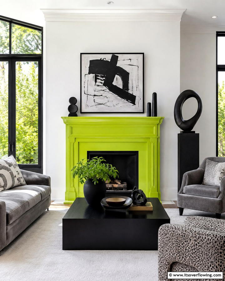 Chartreuse Painted Fireplace - 25 Green Fireplace Ideas for a Cozy and Eco-Friendly Home