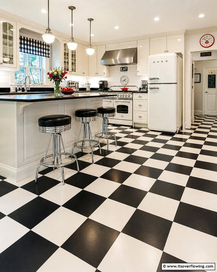 Checkerboard Contrast - 21 Kitchen Floor Tile Ideas- Durable & Stylish Options