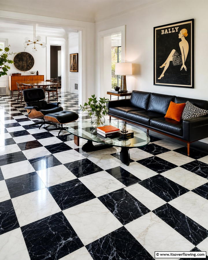 Checkerboard Marble Pattern - 25 Marble Floor Living Room Ideas for a Luxurious Space
