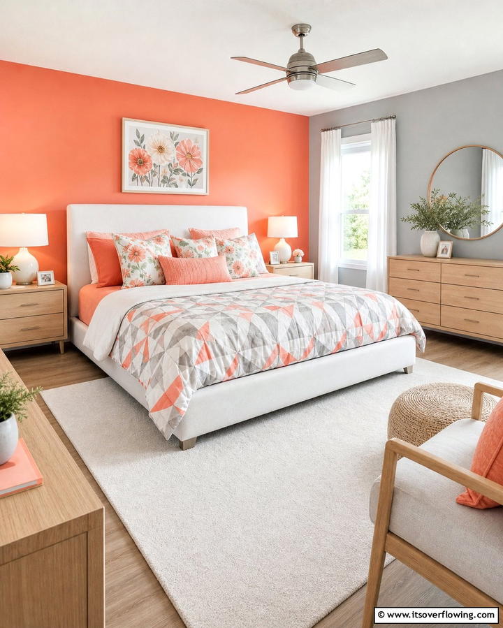 Cheerful Coral and Light Gray - 25 Bedroom Painting Ideas With Two Colors for Impact