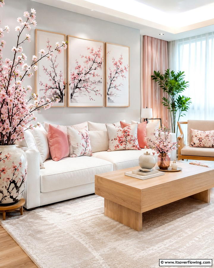Cherry Blossom Accents - 25 Asian Living Room Ideas for a Zen Atmosphere