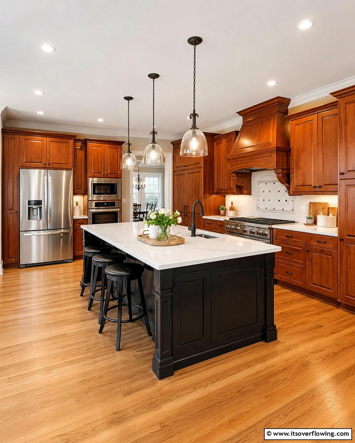 Cherry Cabinets with Contrasting Island - 25 Natural Cherry Kitchen Cabinets for a Warm and Inviting Look