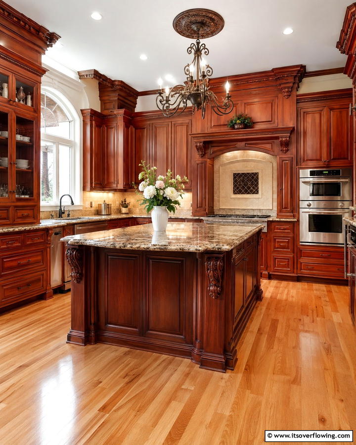Cherry Cabinets with Intricate Molding - 25 Natural Cherry Kitchen Cabinets for a Warm and Inviting Look