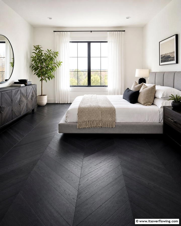 Chevron Black Floors for Added Visual Interest - 25 Black Floor Bedroom Ideas for a Bold and Modern Look