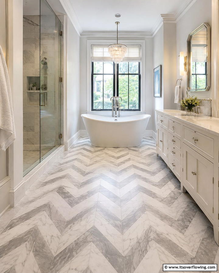 Chevron Flooring Patterns - 30 Art Deco Bathroom Ideas for Glamorous Geometric Design